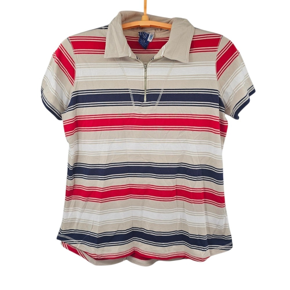 VTG Venezia Jeans 1/4 Zip Striped Polo‎ Shirt Women's 14/16 Y2K Coastal Red Blue